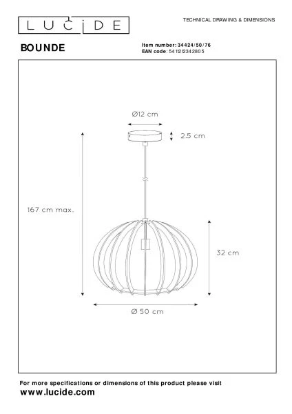 Lucide BOUNDE - Suspension - Ø 50 cm - 1xE27 - Naturel - TECHNISCH